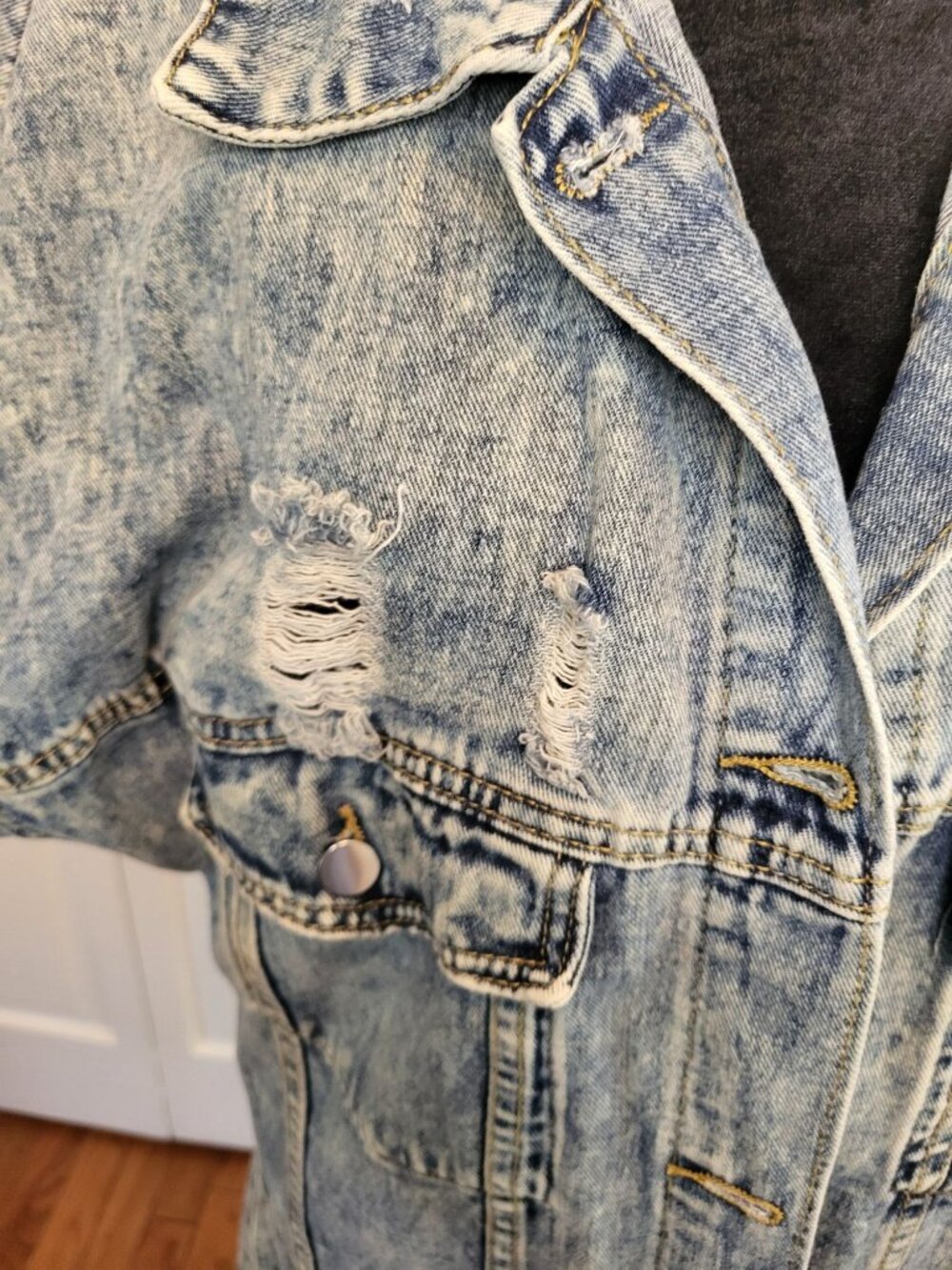 Acid Washed Short Sleeve Denim Jacket Distressed L Grunge Western Streetwear - Picture 5 of 12